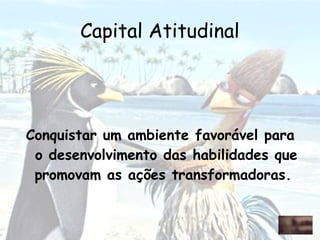 Conquistar um ambiente favorável para
o desenvolvimento das habilidades que
promovam as ações transformadoras.
Capital Atitudinal
 