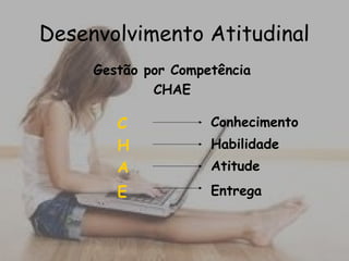 Desenvolvimento Atitudinal
Gestão por Competência
CHAE
C Conhecimento
H Habilidade
A Atitude
E Entrega
 