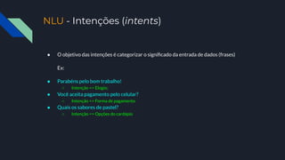 NLU - Intenções (intents)
● O objetivo das intenções é categorizar o signiﬁcado da entrada de dados (frases)
Ex:
● Parabéns pelo bom trabalho!
○ Intenção => Elogio;
● Você aceita pagamento pelo celular?
○ Intenção => Forma de pagamento
● Quais os sabores de pastel?
○ Intenção => Opções do cardápio
 