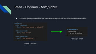 Rasa - Domain - templates
● São mensagens pré-deﬁnidas que serão enviadas para o usuário num determinado roteiro
Fonte: Do autor
Fonte: Do autor
 