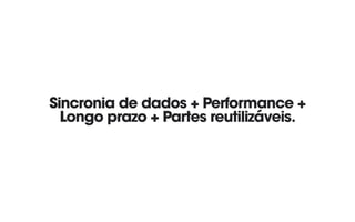 Sincronia de dados + Performance + 
Longo prazo + Partes reutilizáveis.
 