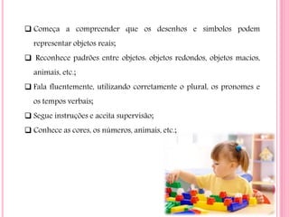  Começa a compreender que os desenhos e símbolos podem
representar objetos reais;
 Reconhece padrões entre objetos: objetos redondos, objetos macios,
animais, etc.;
 Fala fluentemente, utilizando corretamente o plural, os pronomes e
os tempos verbais;
 Segue instruções e aceita supervisão;
 Conhece as cores, os números, animais, etc.;
 