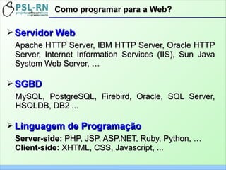 ➢ Servidor WebServidor Web
Apache HTTP Server, IBM HTTP Server, Oracle HTTPApache HTTP Server, IBM HTTP Server, Oracle HTTP
Server, Internet Information Services (IIS), Sun JavaServer, Internet Information Services (IIS), Sun Java
System Web Server, …System Web Server, …
➢ SGBDSGBD
MySQL, PostgreSQL, Firebird, Oracle, SQL Server,MySQL, PostgreSQL, Firebird, Oracle, SQL Server,
HSQLDB, DB2 ...HSQLDB, DB2 ...
➢ Linguagem de ProgramaçãoLinguagem de Programação
Server-side:Server-side: PHP, JSP, ASP.NET, Ruby, Python, …PHP, JSP, ASP.NET, Ruby, Python, …
Client-side:Client-side: XHTML, CSS, Javascript, ...XHTML, CSS, Javascript, ...
Como programar para a Web?Como programar para a Web?
 