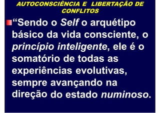 AUTOCONSCIÊNCIA E LIBERTAÇÃO DE
CONFLITOS
“Sendo o Self o arquétipo
básico da vida consciente, o
princípio inteligente, ele é o
somatório de todas as
experiências evolutivas,
sempre
direção
avançando na
do estado numinoso.
 
