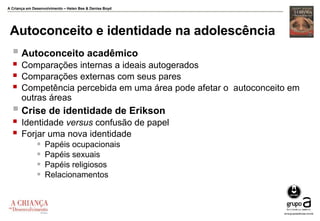 A Criança em Desenvolvimento – Helen Bee & Denise Boyd
Autoconceito e identidade na adolescência
 Autoconceito acadêmico
 Comparações internas a ideais autogerados
 Comparações externas com seus pares
 Competência percebida em uma área pode afetar o autoconceito em
outras áreas
 Crise de identidade de Erikson
 Identidade versus confusão de papel
 Forjar uma nova identidade
 Papéis ocupacionais
 Papéis sexuais
 Papéis religiosos
 Relacionamentos
 