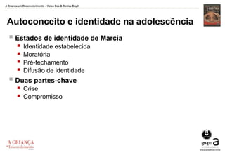 A Criança em Desenvolvimento – Helen Bee & Denise Boyd
Autoconceito e identidade na adolescência
 Estados de identidade de Marcia
 Identidade estabelecida
 Moratória
 Pré-fechamento
 Difusão de identidade
 Duas partes-chave
 Crise
 Compromisso
 