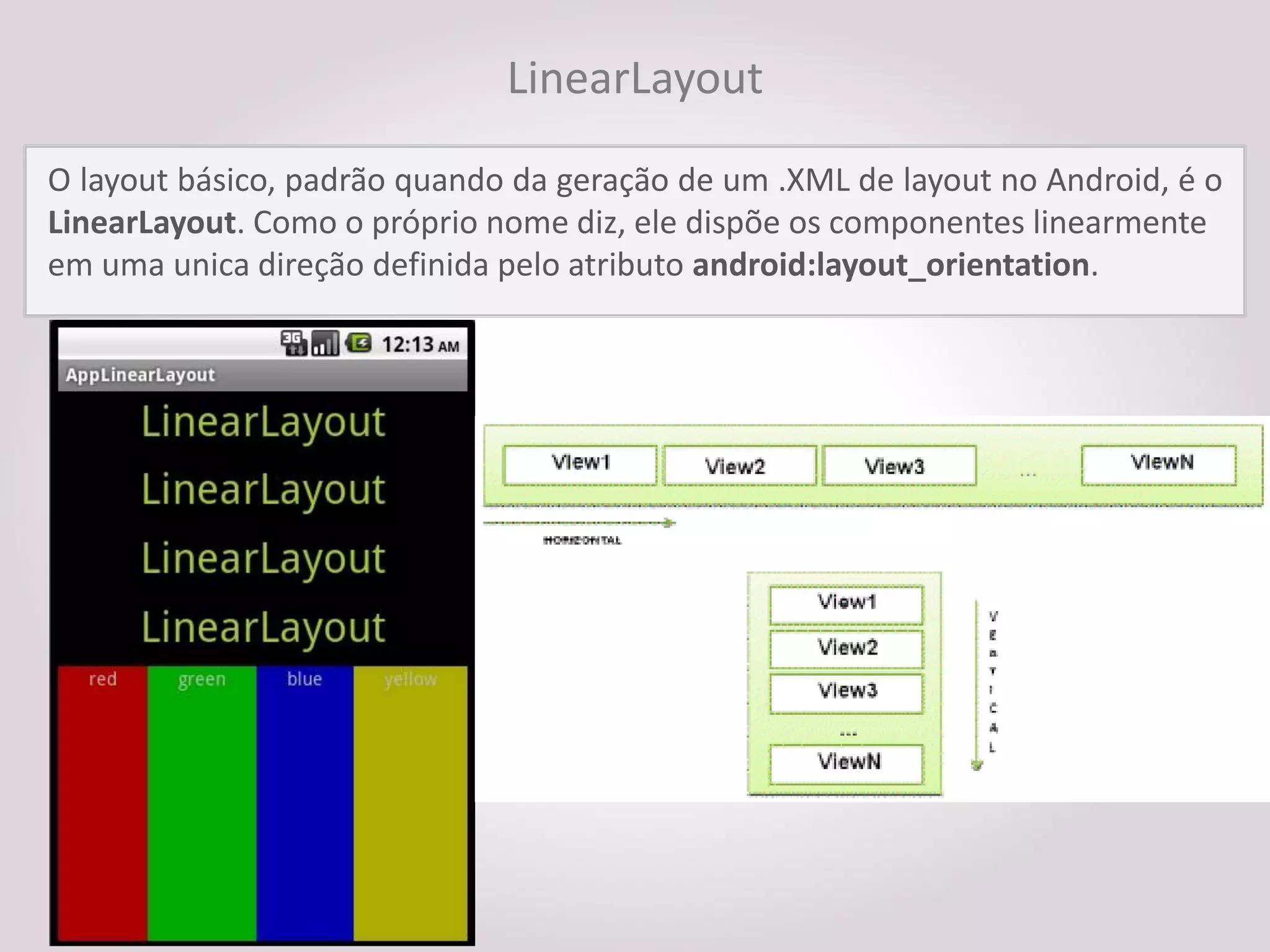 LinearLayout
O layout básico, padrão quando da geração de um .XML de layout no Android, é o
LinearLayout. Como o próprio nome diz, ele dispõe os componentes linearmente
em uma unica direção definida pelo atributo android:layout_orientation.
 