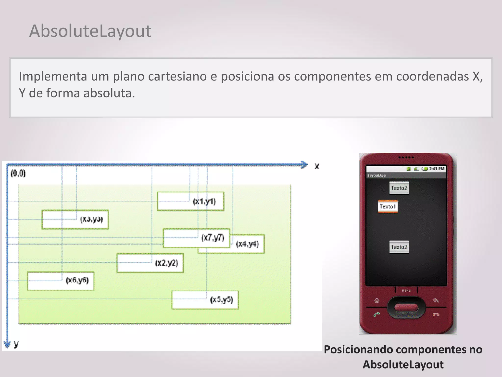 AbsoluteLayout

Implementa um plano cartesiano e posiciona os componentes em coordenadas X,
Y de forma absoluta.




                                                 Posicionando componentes no
                                                        AbsoluteLayout
 