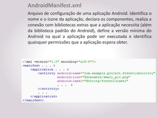 AndroidManifest.xml
Arquivo de configuração de uma aplicação Android. Identifica o
nome e o ícone da aplicação, declara os componentes, realiza a
conexão com bibliotecas extras que a aplicação necessita (além
da biblioteca padrão do Android), define a versão mínima do
Android na qual a aplicação pode ser executada e identifica
quaisquer permissões que a aplicação espera obter.
 