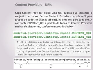 Content Providers - URIs

Cada Content Provider expõe uma URI pública que identifica o
conjunto de dados. Se um Content Provider controla múltiplos
grupos de dados (múltiplas tabelas), há uma URI para cada um. A
constante CONTENT_URI é padrão de todos os Content Providers
nativos da plataforma, conforme mostrado abaixo.




 A URI é utilizada em todas as interações com o provedor de
 conteúdo. Todos os métodos de um Content Resolver recebem a URI
 do provedor de conteúdo como parâmetro. É a URI que identifica
 com qual provedor o ContentResolver deve se comunicar e que
 tabela desse provedor está sendo acessada.
 