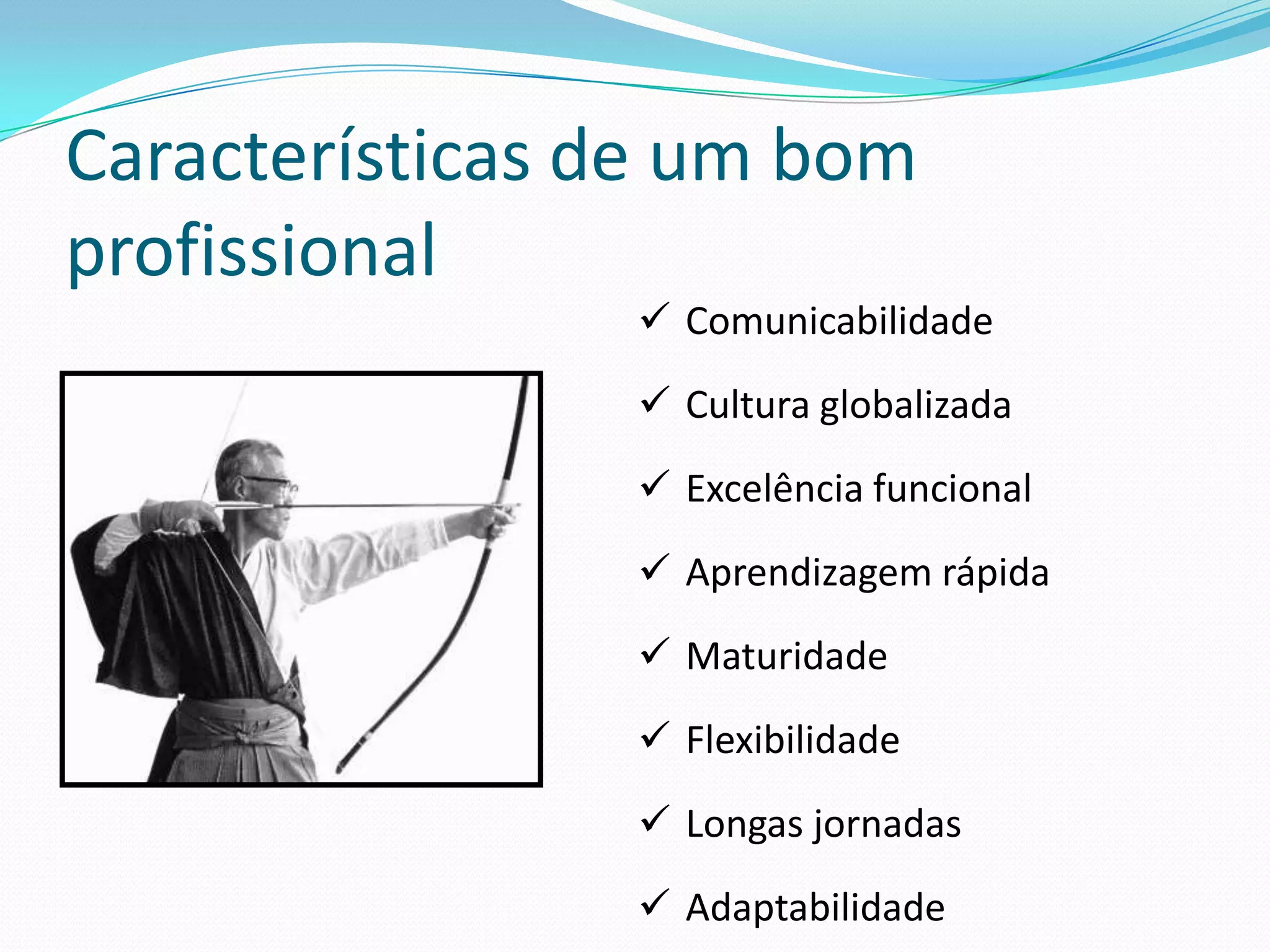 Características de um bom
profissional
                 Comunicabilidade
                 Cultura globalizada
                 Excelência funcional
                 Aprendizagem rápida
                 Maturidade
                 Flexibilidade
                 Longas jornadas
                 Adaptabilidade
 