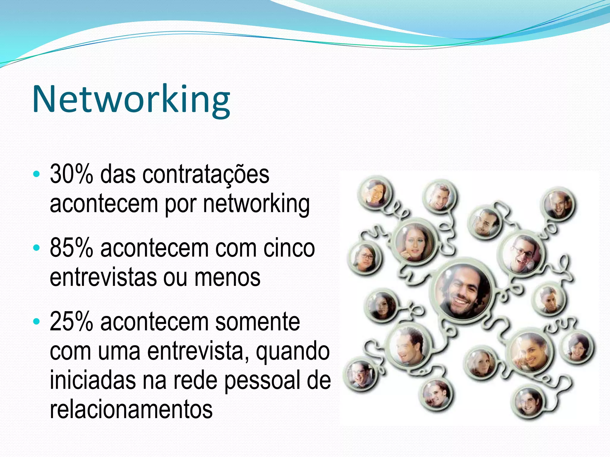 Networking
• 30% das contratações
 acontecem por networking
• 85% acontecem com cinco
 entrevistas ou menos
• 25% acontecem somente
 com uma entrevista, quando
 iniciadas na rede pessoal de
 relacionamentos
 