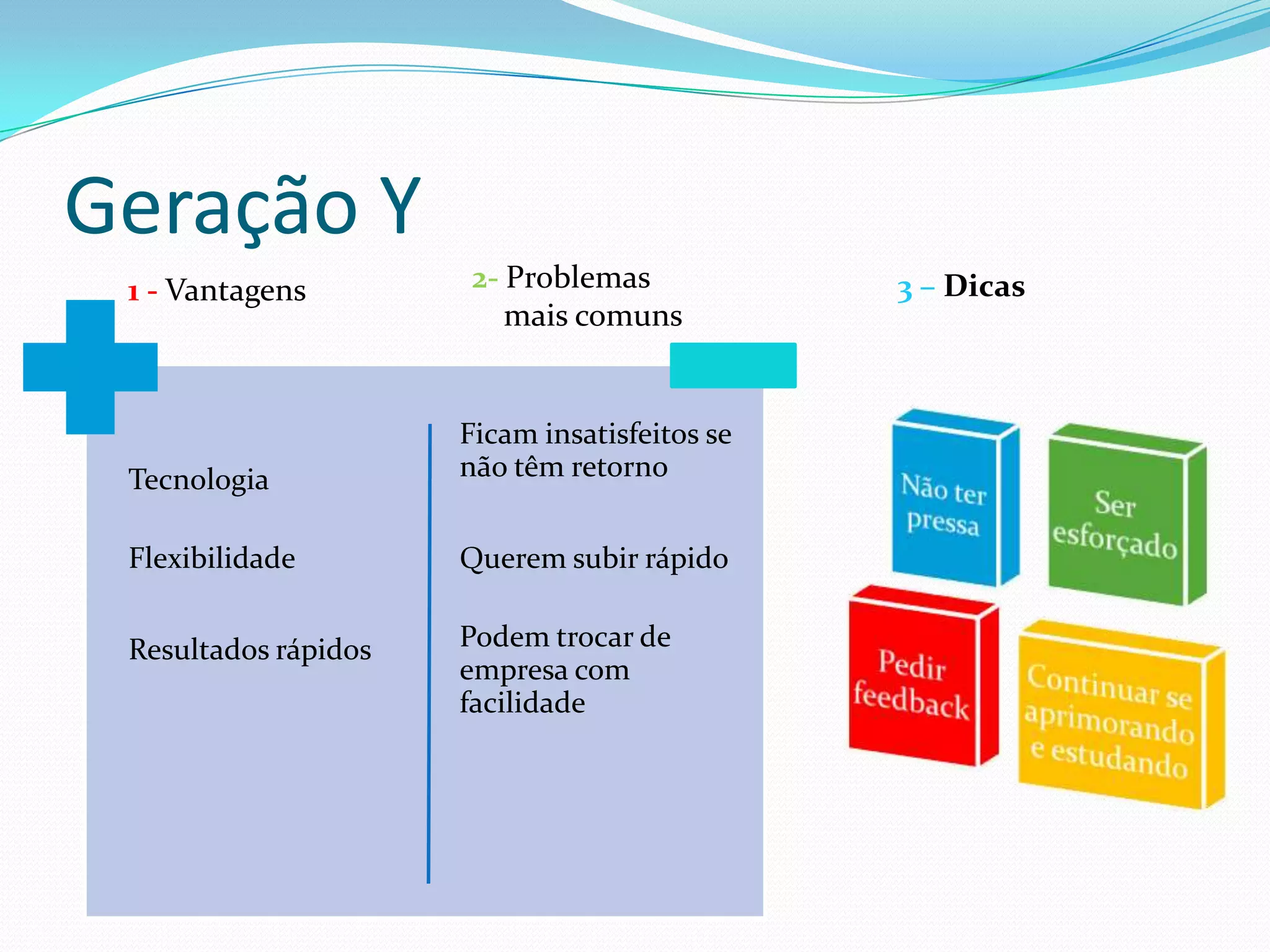 Geração Y
 1 - Vantagens         2- Problemas            3 – Dicas
                          mais comuns


                      Ficam insatisfeitos se
 Tecnologia           não têm retorno


 Flexibilidade        Querem subir rápido


 Resultados rápidos   Podem trocar de
                      empresa com
                      facilidade
 