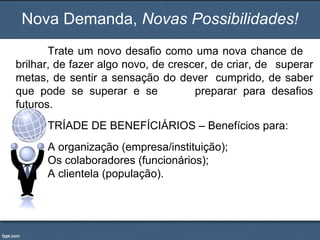 Nova Demanda, Novas Possibilidades!
Trate um novo desafio como uma nova chance de
brilhar, de fazer algo novo, de crescer, de criar, de superar
metas, de sentir a sensação do dever cumprido, de saber
que pode se superar e se
preparar para desafios
futuros.
TRÍADE DE BENEFÍCIÁRIOS – Benefícios para:
A organização (empresa/instituição);
Os colaboradores (funcionários);
A clientela (população).

 