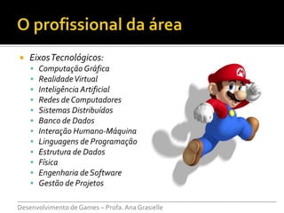    Eixos Tecnológicos:
       Computação Gráfica
       Realidade Virtual
       Inteligência Artificial
       Redes de Computadores
       Sistemas Distribuídos
       Banco de Dados
       Interação Humano-Máquina
       Linguagens de Programação
       Estrutura de Dados
       Física
       Engenharia de Software
       Gestão de Projetos
___________________________________________________________________________
Desenvolvimento de Games – Profa. Ana Grasielle
 