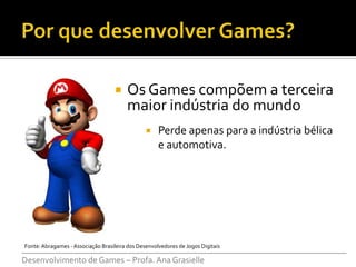    Os Games compõem a terceira
                          maior indústria do mundo
                                 Perde apenas para a indústria bélica
                                  e automotiva.




 Fonte: Abragames - Associação Brasileira dos Desenvolvedores de Jogos Digitais
___________________________________________________________________________
Desenvolvimento de Games – Profa. Ana Grasielle
 