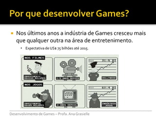    Nos últimos anos a indústria de Games cresceu mais
    que qualquer outra na área de entretenimento.
     • Expectativa de US$ 75 bilhões até 2015.




___________________________________________________________________________
Desenvolvimento de Games – Profa. Ana Grasielle
 