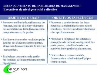 DESENVOLVIMENTO DE HABILIDADES DE MANAGEMENT
  Executivos de nível gerencial e diretivo

      OBJETIVOS GERAIS           ...