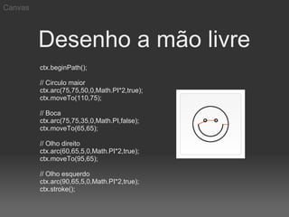 Canvas



         Desenho a mão livre
         ctx.beginPath();

         // Circulo maior
         ctx.arc(75,75,50,0,Math.PI*2,true);
         ctx.moveTo(110,75);

         // Boca
         ctx.arc(75,75,35,0,Math.PI,false);
         ctx.moveTo(65,65);

         // Olho direito
         ctx.arc(60,65,5,0,Math.PI*2,true);
         ctx.moveTo(95,65);

         // Olho esquerdo
         ctx.arc(90,65,5,0,Math.PI*2,true);
         ctx.stroke();
 