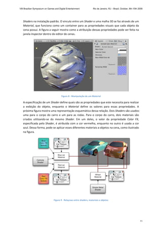 Shaders na instalação padrão. O vinculo entre um Shader e uma malha 3D se faz através de um 
Material, que funciona como um container para as propriedades visuais que cada objeto da 
cena possui. A figura a seguir mostra como a atribuição dessas propriedades pode ser feita na 
janela Inspector dentro do editor de cenas. 
 
Figure 8 ‐ Manipulação de um Material 
A especificação de um Shader define quais são as propriedades que este necessita para realizar 
a  exibição  do  objeto,  enquanto  o  Material  define  os  valores  para  essas  propriedades.  A 
próxima figura mostra uma representação esquemática dessa relação. Dois Shaders são usados: 
uma  para  o  corpo  do  carro  e  um  para  as  rodas.  Para  o  corpo  do  carro,  dois  materiais  são 
criados  utilizando‐se  do  mesmo  Shader.  Em  um  deles,  o  valor  da  propriedade  Color  FX, 
especificada pelo Shader, é atribuída com a cor vermelha, enquanto no outro é usada a cor 
azul. Dessa forma, pode‐se aplicar esses diferentes materiais a objetos na cena, como ilustrado 
na figura. 
 
Figure 9 ‐ Relaçnao entre shaders, materiais e objetos 
 
VIII Brazilian Symposium on Games and Digital Entertainment Rio de Janeiro, RJ – Brazil, October, 8th-10th 2009
11
 