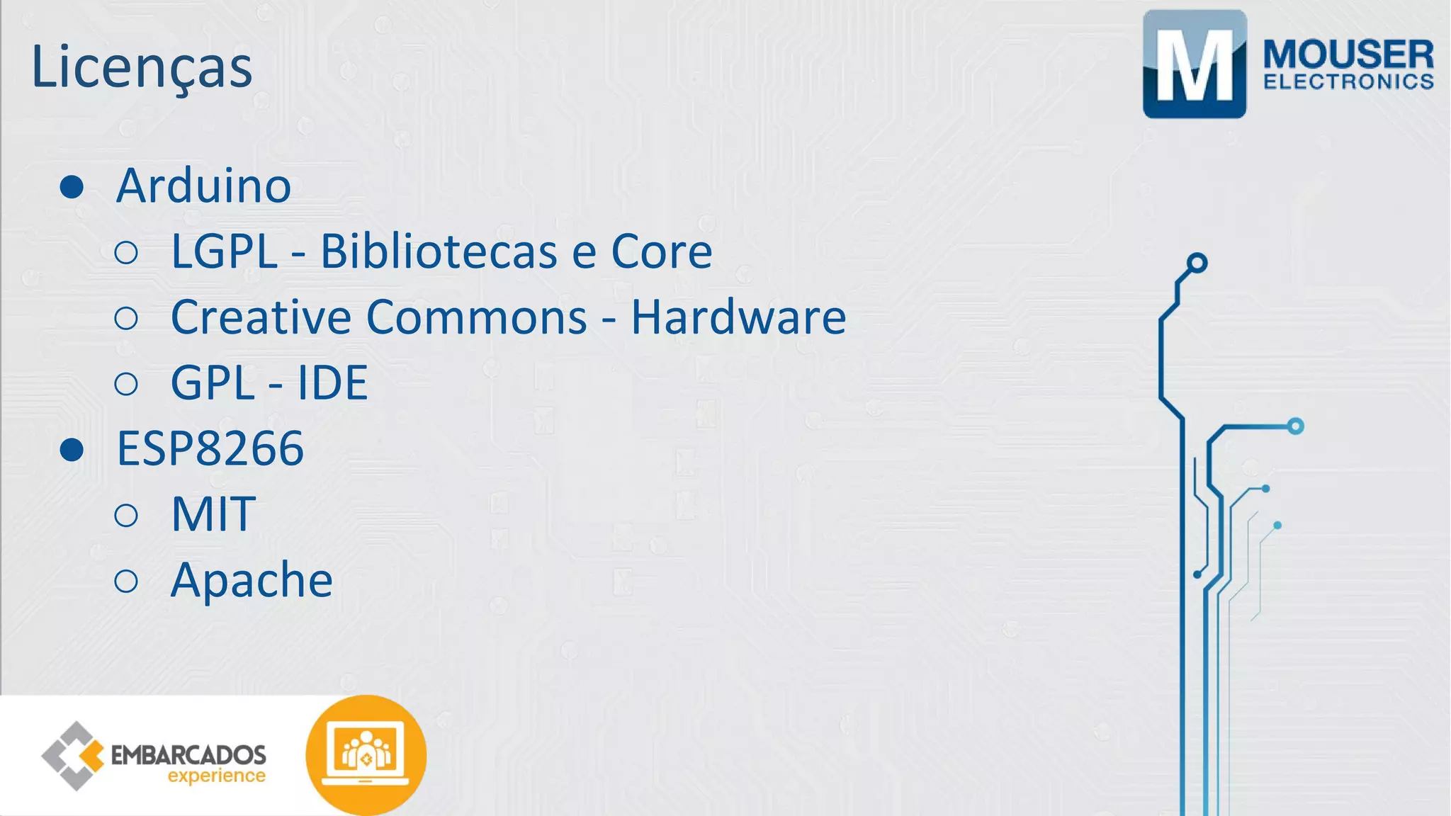 Licenças
● Arduino
○ LGPL - Bibliotecas e Core
○ Creative Commons - Hardware
○ GPL - IDE
● ESP8266
○ MIT
○ Apache
 
