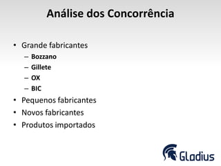 Análise dos Concorrência
• Grande fabricantes
– Bozzano
– Gillete
– OX
– BIC
• Pequenos fabricantes
• Novos fabricantes
• Produtos importados
 