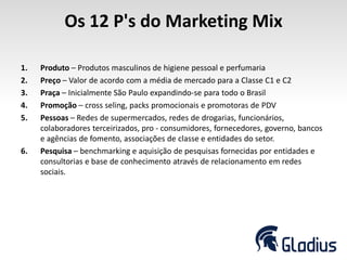 Os 12 P's do Marketing Mix
1. Produto – Produtos masculinos de higiene pessoal e perfumaria
2. Preço – Valor de acordo com a média de mercado para a Classe C1 e C2
3. Praça – Inicialmente São Paulo expandindo-se para todo o Brasil
4. Promoção – cross seling, packs promocionais e promotoras de PDV
5. Pessoas – Redes de supermercados, redes de drogarias, funcionários,
colaboradores terceirizados, pro - consumidores, fornecedores, governo, bancos
e agências de fomento, associações de classe e entidades do setor.
6. Pesquisa – benchmarking e aquisição de pesquisas fornecidas por entidades e
consultorias e base de conhecimento através de relacionamento em redes
sociais.
 