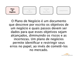 Plano     Desenvolvimento    Período
  de             do             de       Lançamento
Negócios       Produto       Beta Test




 O Plano de Negócio é um documento
que descreve por escrito os objetivos de
 um negócio e quais passos devem ser
 dados para que esses objetivos sejam
 alcançados, diminuindo os riscos e as
   incertezas. Um plano de negócios
  permite identiﬁcar e restringir seus
erros no papel, ao invés de cometê-los
              no mercado.
 