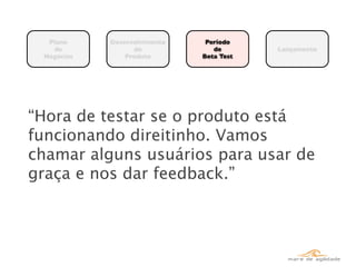 Plano     Desenvolvimento    Período
   de             do             de       Lançamento
 Negócios       Produto       Beta Test




“Hora de testar se o produto está
funcionando direitinho. Vamos
chamar alguns usuários para usar de
graça e nos dar feedback.”
 