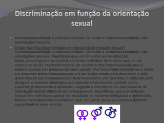 Discriminação na religiãoExistem vários sentidos para a palavra discriminação. A discriminação com base na religião é apenas uma das formas de distinguir.O que significa discriminação em função da religião?Existem vários sentidos para a palavra discriminação. A discriminação com base na religião é apenas uma das formas de distinguir. A palavra religião tem várias origens, mas em qualquer uma delas diz respeito a um conjunto de preceitos nos quais se baseia a fé, sendo que cada religião assenta em determinadas normas e fomenta certas práticas.