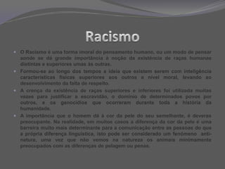 Nem sinais de negro,nem vestígios de ódio.Água (quase tudo)e cloreto de sódio.IntroduçãoO tema do meu trabalho foi o “desenvimento desigual da humanidade”, sabia que havia algo que conseguiria conquistar, sendo que só o participar neste projecto é já uma vitória. E sem duvida que a minha maior conquista a nível pessoal é demonstrar às pessoas o quanto são injustas e que às vezes estão e ter comportamentos racistas, sem sequer se aperceberem.	Sei perfeitamente que o futuro da nossa humanidade passa pelos adolescentes de hoje, o que torna necessário sensibilizá-los para os problemas que criam com possíveis atitudes racistas.	Perante o drama que se apresenta, e que, infelizmente, é comum a um infindável número de pessoas, procurei dar a conhecer, com este trabalho, este tema tão actual.