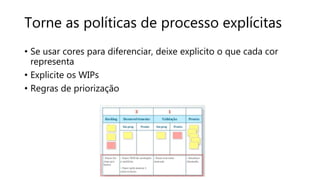 Torne as políticas de processo explícitas
• Se usar cores para diferenciar, deixe explicito o que cada cor
representa
• Explicite os WIPs
• Regras de priorização
 