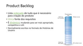 Product Backlog
• Lista ordenada de tudo que é necessário
para criação do produto
• Única fonte dos requisitos
• É dinâmico; mudando para ser mais apropriado,
competitivo e útil.
• Normalmente escritos no formato de Histórias de
Usuário
 