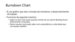 Burndown Chart
• É um gráfico que tem a função de monitorar o desenvolvimento
da equipe.
• Funciona da seguinte maneira:
• todos os dias você anota quantas tarefas do seu Sprint Backlog foram
efetivamente cumpridas.
• Desta maneira você pode saber com antecedência a velocidade que
sua equipe trabalha.
 