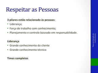 3	
  pilares	
  estão	
  relacionado	
  às	
  pessoas:	
  
•  Liderança;	
  
•  Força	
  de	
  trabalho	
  com	
  conhecimento;	
  
•  Planejamento	
  e	
  controle	
  baseado	
  em	
  responsabilidade.	
  
	
  
Liderança	
  
•  Grande	
  conhecimento	
  do	
  cliente	
  	
  
•  Grande	
  conhecimento	
  técnico	
  	
  
	
  
Times	
  completos	
  	
  

Plano	
  de	
  Geração	
  de	
  
Conhecimento	
  

Respeitar	
  as	
  Pessoas	
  

 