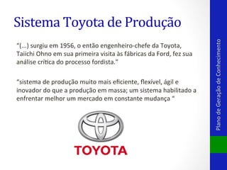 “(...)	
  surgiu	
  em	
  1956,	
  o	
  então	
  engenheiro-­‐chefe	
  da	
  Toyota,	
  
Taiichi	
  Ohno	
  em	
  sua	
  primeira	
  visita	
  às	
  fábricas	
  da	
  Ford,	
  fez	
  sua	
  
análise	
  críVca	
  do	
  processo	
  fordista.”	
  	
  
“sistema	
  de	
  produção	
  muito	
  mais	
  eﬁciente,	
  ﬂexível,	
  ágil	
  e	
  
inovador	
  do	
  que	
  a	
  produção	
  em	
  massa;	
  um	
  sistema	
  habilitado	
  a	
  
enfrentar	
  melhor	
  um	
  mercado	
  em	
  constante	
  mudança	
  “	
  	
  

Plano	
  de	
  Geração	
  de	
  Conhecimento	
  

Sistema	
  Toyota	
  de	
  Produção	
  

 