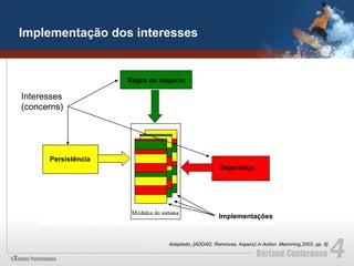 Implementação dos interesses


                     Regra de negócio

Interesses
(concerns)




      Persistência
                                                     Segurança




                                                     Implementações


                                Adaptado, [ADDAD, Ramnivas. AspectJ in Action. Mannning,2003. pp. 8]
 