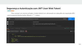 Para acessar um recurso privado, o token deverá ser adicionado no cabeçalho da requisição API,
com o esquema Authorization: Bearer + “ “ + token.
Segurança e Autenticação com JWT (Json Web Token)
100
 