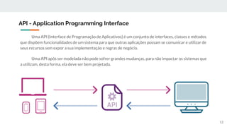 Uma API (Interface de Programação de Aplicativos) é um conjunto de interfaces, classes e métodos
que dispõem funcionalidades de um sistema para que outras aplicações possam se comunicar e utilizar de
seus recursos sem expor a sua implementação e regras de negócio.
Uma API após ser modelada não pode sofrer grandes mudanças, para não impactar os sistemas que
a utilizam, desta forma, ela deve ser bem projetada.
API - Application Programming Interface
12
 