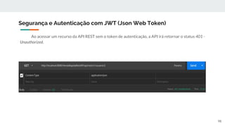 Ao acessar um recurso da API REST sem o token de autenticação, a API irá retornar o status 401 -
Unauthorized.
Segurança e Autenticação com JWT (Json Web Token)
98
 