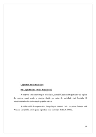 Capitulo 9-Plano financeiro

         9.1-Capital Social e fonte de recursos:

         A empresa será composta por dois sócios, com 50% (cinqüenta por cento do capital
da empresa cada) sendo a empresa divida por cotas de sociedade civil limitada. O
investimento inicial será dos dois próprios sócios.

         A razão social da empresa será Hospedagens parceria Ltda., e o nome fantasia será
Pousada Castelinho, sendo que o capital de cada sócio será de R$20.000,00.




                                                                                        25
 