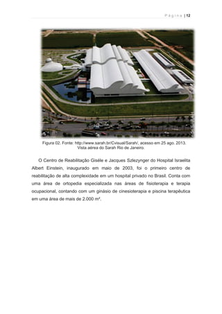 P á g i n a | 12 
  
Figura 02. Fonte: http://www.sarah.br/Cvisual/Sarah/, acesso em 25 ago. 2013. 
Vista aérea do Sarah Rio de Janeiro. 
O Centro de Reabilitação Giséle e Jacques Szlezynger do Hospital Israelita 
Albert Einstein, inaugurado em maio de 2003, foi o primeiro centro de 
reabilitação de alta complexidade em um hospital privado no Brasil. Conta com 
uma área de ortopedia especializada nas áreas de fisioterapia e terapia 
ocupacional, contando com um ginásio de cinesioterapia e piscina terapêutica 
em uma área de mais de 2.000 m². 
 