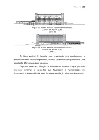 P á g i n a | 32 
  
Figura 23. Fonte: www.iar.unicamp.br modificado. 
Acesso em 12 set. 2013. 
Corte BB 
Figura 24. Fonte: www.iar.unicamp.br modificado. 
Acesso em 12 set. 2013. 
Corte CC 
O bloco vertical do hospital está organizado com apartamentos e 
enfermarias com circulação periférica, dividida para médicos e pacientes e uma 
circulação diferenciada para o público. 
O projeto valoriza a utilização de áreas verdes, espelho d’água, piscinas 
internas, externas e varandas que favorecem a humanização do 
tratamento e de convivência, além de uso de ventilação e iluminação naturais. 
 
