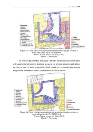 P á g i n a | 38 
  
Figura 34. Fonte: http://www.arcoweb.com.br/arquitetura/claudio-vekstein-e-marta- 
tello-centro-de-19-10-2005.html. 
Arte da Autora, acesso em 05 out. 2013. 
Planta 1º Pavimento. 
No primeiro pavimento a circulação vertical e as rampas direcionam para 
a área administrativa com a diretoria, a espera e o arquivo, seguidos pelo ateliê 
de pintura, sala de aulas, psiquiatria infantil, psicologia, fonoaudiologia, terapia 
ocupacional, fisioterapia infantil, atividades ao ar livre e terraço. 
Figura 35. Fonte: http://www.arcoweb.com.br/arquitetura/claudio-vekstein-e-marta- 
tello-centro-de-19-10-2005.html. 
Arte da Autora, acesso em 05 out. 2013. 
Planta 2º Pavimento. 
 