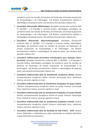 ÁREA TÉCNICA DE SAÚDE DA PESSOA COM DEFICIÊNCIA 
assistência social, de nutrição, de farmácia, de fisioterapia, de terapia ocupacional, 
de fonoaudiologia e de enfermagem. 1.8) Realizar procedimentos médicos e 
odontológicos de pequeno porte, sob anestesia local (punções, biópsia, etc). 
§ Consultório Diferenciado (Oftalmologia): Atividades Assistenciais conforme RDC 
nº 50/2004 – 1.7) Proceder à consulta médica, odontológica, psicológica, de 
assistência social, de nutrição, de farmácia, de fisioterapia, de terapia ocupacional, 
de fonoaudiologia e de enfermagem. 1.8) Realizar procedimentos médicos e 
odontológicos de pequeno porte, sob anestesia local (punções, biópsia, etc). 
§ Consultório Diferenciado (Otorrinolaringologia): Atividades Assistenciais 
conforme RDC nº 50/2004 –1.7) Proceder à consulta médica, odontológica, 
psicológica, de assistência social, de nutrição, de farmácia, de fisioterapia, de 
terapia ocupacional, de fonoaudiologia e de enfermagem. 1.8) Realizar 
procedimentos médicos e odontológicos de pequeno porte, sob anestesia local 
(punções, biópsia, etc). 
§ Consultório Indiferenciado (Consultório Interdisciplinar para avaliação clínico-funcional): 
Atividades Assistenciais conforme RDC nº 50/2004 – 1.7) Proceder à 
consulta médica, odontológica, psicológica, de assistência social, de nutrição, de 
farmácia, de fisioterapia, de terapia ocupacional, de fonoaudiologia e de 
enfermagem. 1.8) Realizar procedimentos médicos e odontológicos de pequeno 
porte, sob anestesia local (punções, biópsia, etc). 
§ Consultório Indiferenciado (Sala de atendimento terapêutico adulto): Realizar 
acompanhamento terapêutico adulto. Provocar estimulação física, intelectual, 
motora, sensorial, cognitiva e visual. 
§ Consultório Indiferenciado (Sala de atendimento terapêutico em grupo adulto): 
Realizar acompanhamento terapêutico adulto em grupo. Provocar estimulação 
física, intelectual, motora, sensorial, cognitiva e visual. 
§ Consultório Indiferenciado (Sala de atendimento terapêutico em grupo infantil): 
Realizar acompanhamento terapêutico infantil em grupo. Provocar estimulação 
física, intelectual, motora, sensorial, cognitiva e visual. 
§ Consultório Indiferenciado (Sala de atendimento terapêutico infantil): Realizar 
acompanhamento terapêutico infantil. Provocar estimulação física, intelectual, 
motora, sensorial, cognitiva e visual. 
§ Consultório Indiferenciado (Sala de Atividade de Vida Prática - AVP): Realizar 
treino, habilitação e reabilitação para ações relacionadas ao ambiente doméstico 
e desenvolvimento da autonomia. 
www.saude.gov.br/pessoacomdeficiencia 
pessoacomdeficiencia@saude.gov.br 
(+55 061) 3315-6236 
20 
 