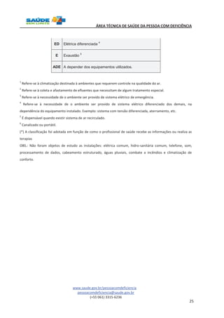 ÁREA TÉCNICA DE SAÚDE DA PESSOA COM DEFICIÊNCIA 
www.saude.gov.br/pessoacomdeficiencia 
pessoacomdeficiencia@saude.gov.br 
(+55 061) 3315-6236 
25 
ED Elétrica diferenciada 4 
E Exaustão 5 
ADE A depender dos equipamentos utilizados. 
1 Refere-se à climatização destinada à ambientes que requerem controle na qualidade do ar. 
2 Refere-se à coleta e afastamento de efluentes que necessitam de algum tratamento especial. 
3 Refere-se à necessidade de o ambiente ser provido de sistema elétrico de emergência. 
4 Refere-se à necessidade de o ambiente ser provido de sistema elétrico diferenciado dos demais, na 
dependência do equipamento instalado. Exemplo: sistema com tensão diferenciada, aterramento, etc. 
5 É dispensável quando existir sistema de ar recirculado. 
6 Canalizado ou portátil. 
(*) A classificação foi adotada em função de como o profissional de saúde recebe as informações ou realiza as 
terapias 
OBS.: Não foram objetos de estudo as instalações: elétrica comum, hidro-sanitária comum, telefone, som, 
processamento de dados, cabeamento estruturado, águas pluviais, combate a incêndios e climatização de 
conforto. 
 