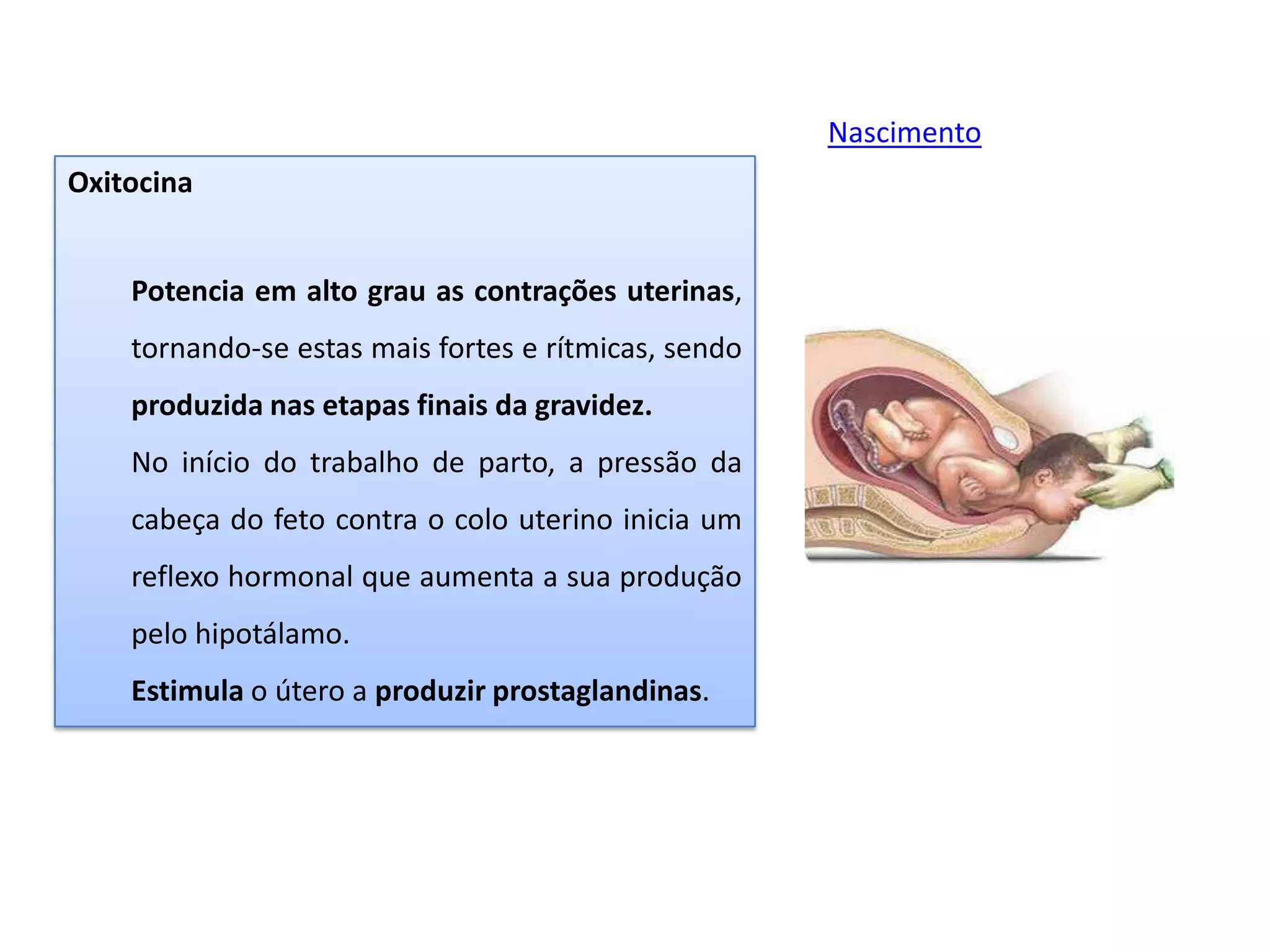 Nascimento
Oxitocina
Potencia em alto grau as contrações uterinas,
tornando-se estas mais fortes e rítmicas, sendo
produzida nas etapas finais da gravidez.
No início do trabalho de parto, a pressão da

cabeça do feto contra o colo uterino inicia um
reflexo hormonal que aumenta a sua produção
pelo hipotálamo.
Estimula o útero a produzir prostaglandinas.

 