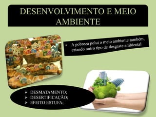 DESENVOLVIMENTO E MEIO
AMBIENTE
 DESMATAMENTO;
 DESERTIFICAÇÃO;
 EFEITO ESTUFA;
 