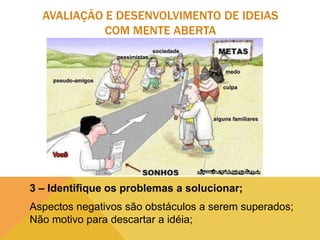 AVALIAÇÃO E DESENVOLVIMENTO DE IDEIAS
COM MENTE ABERTA

3 – Identifique os problemas a solucionar;

Aspectos negativos são obstáculos a serem superados;
Não motivo para descartar a idéia;

 
