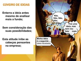 COVEIRO DE IDEIAS
Enterra a ideia antes
mesmo de analisar
mais a fundo;

Não,
Não, Não,
Não,
Não...

Sem consideração das
suas possibilidades;
Esta atitude inibe as
cabeças pensantes
na empresa;

Minha idéia
é a seguinte ...
(ideia inacabada)

Tive uma
ideia, mas
nem vou
falar mais
nada ...

 